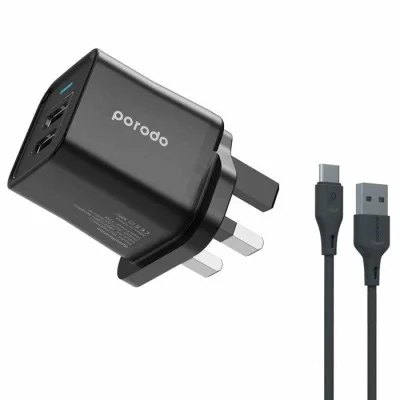 Porodo Dual Port Wall Charger with 1.2m Type-C Cable - Black